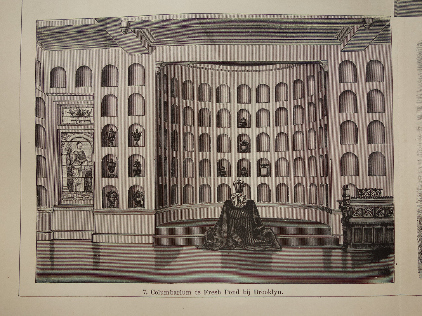 Oude illustratie Crematorium Columbarium  - Originele 115+ jaar oude Nederlandse print Lijkverbranding Urnenmuur - vintage zwart-wit prent