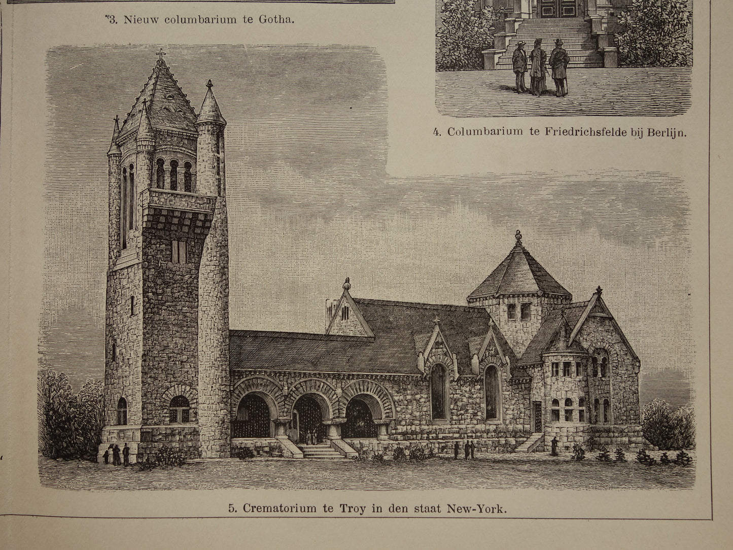 Oude illustratie Crematorium Columbarium  - Originele 115+ jaar oude Nederlandse print Lijkverbranding Urnenmuur - vintage zwart-wit prent