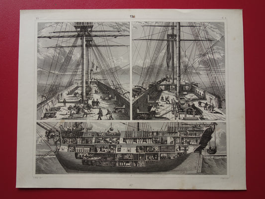 Oude scheepsprent dwarsdoorsnede schip originele antieke print driemaster maritieme vintage prints prent