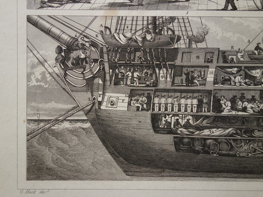 Oude scheepsprent dwarsdoorsnede schip originele antieke print driemaster maritieme vintage prints prent
