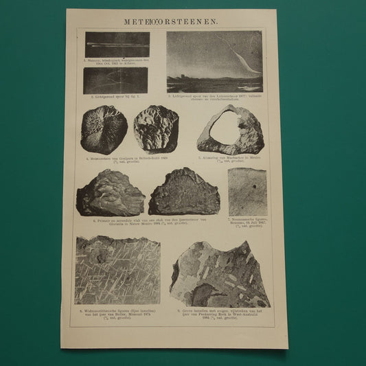 METEORIET Oude illustratie - Originele 115+ jaar oude Nederlandse print van meteorieten - vintage zwart-wit prent