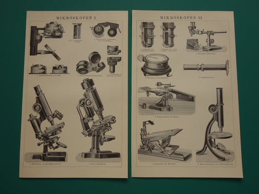 Mikroscoop oude wetenschap prent uit het jaar 1909 originele antieke illustratie Mikroscopen Set van 2 vintage prints