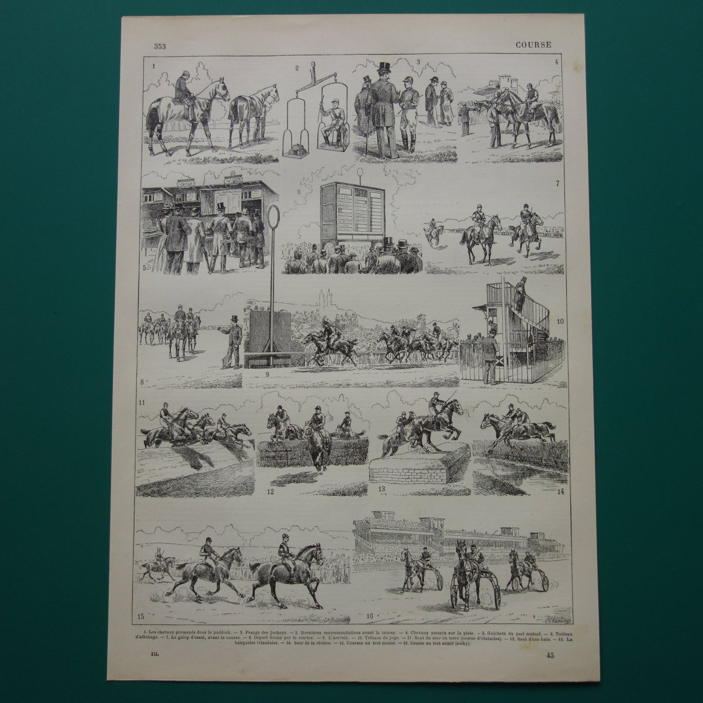 Rensport vintage illustratie - originele antieke prent paardenrace - paarden jockey paardenrennen oude print