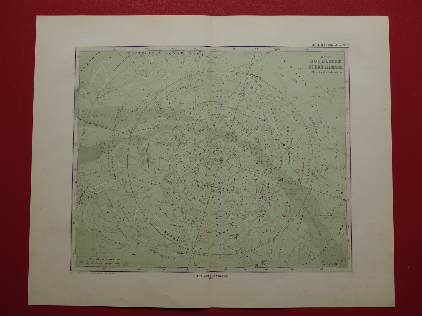 Oude astronomie prent van de noordelijke sterrenhemel 1878 originele oude print sterren en sterrenbeelden - sterrenkaart noordelijk halfrond