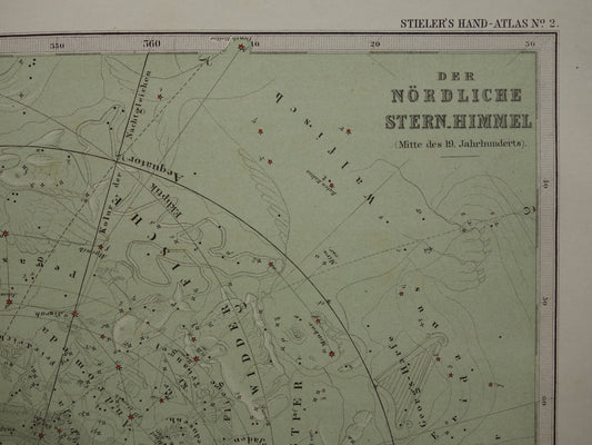 Oude astronomie prent van de noordelijke sterrenhemel 1878 originele oude print sterren en sterrenbeelden - sterrenkaart noordelijk halfrond