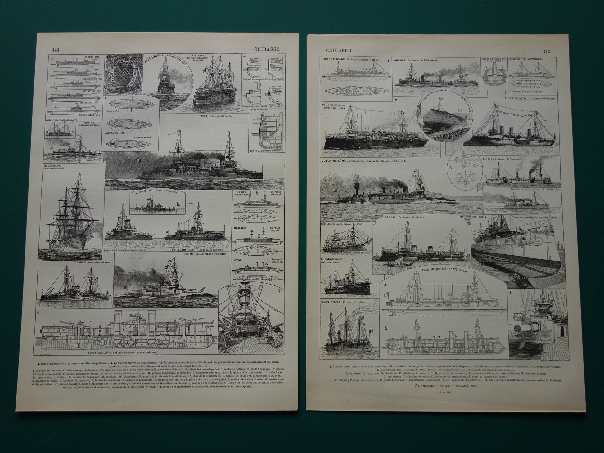 OORLOGSSCHEPEN oude print set van twee antieke Franse prenten over Kruisers Oorlogsschip Slagship Ironclad illustratie vintage prenten