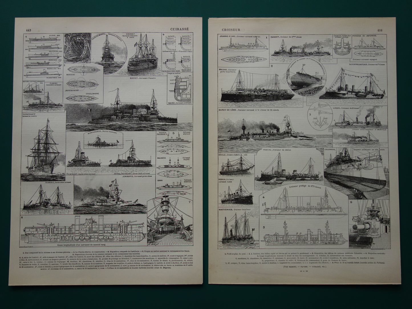 OORLOGSSCHEPEN oude print set van twee antieke Franse prenten over Kruisers Oorlogsschip Slagship Ironclad illustratie vintage prenten