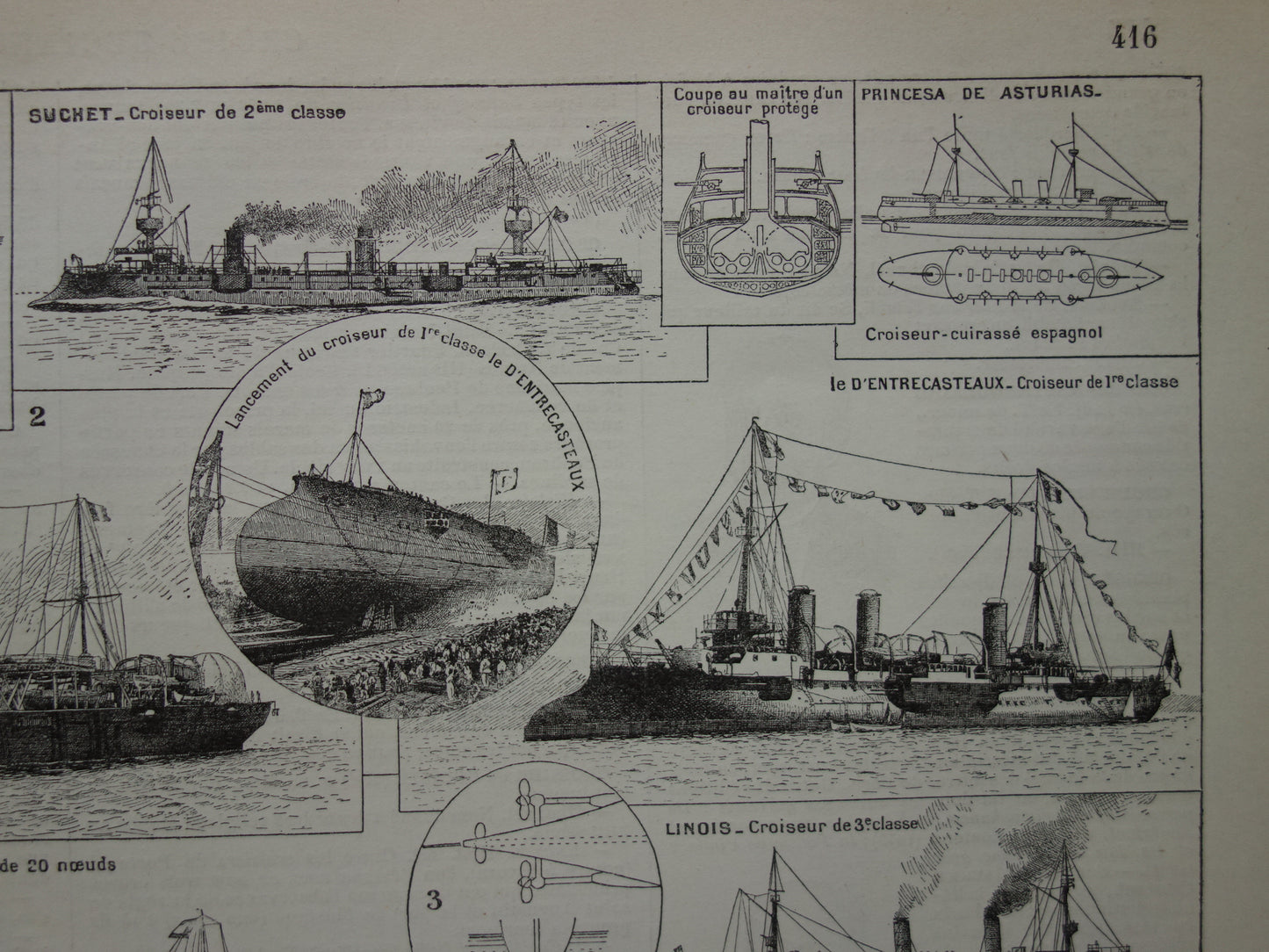 OORLOGSSCHEPEN oude print set van twee antieke Franse prenten over Kruisers Oorlogsschip Slagship Ironclad illustratie vintage prenten