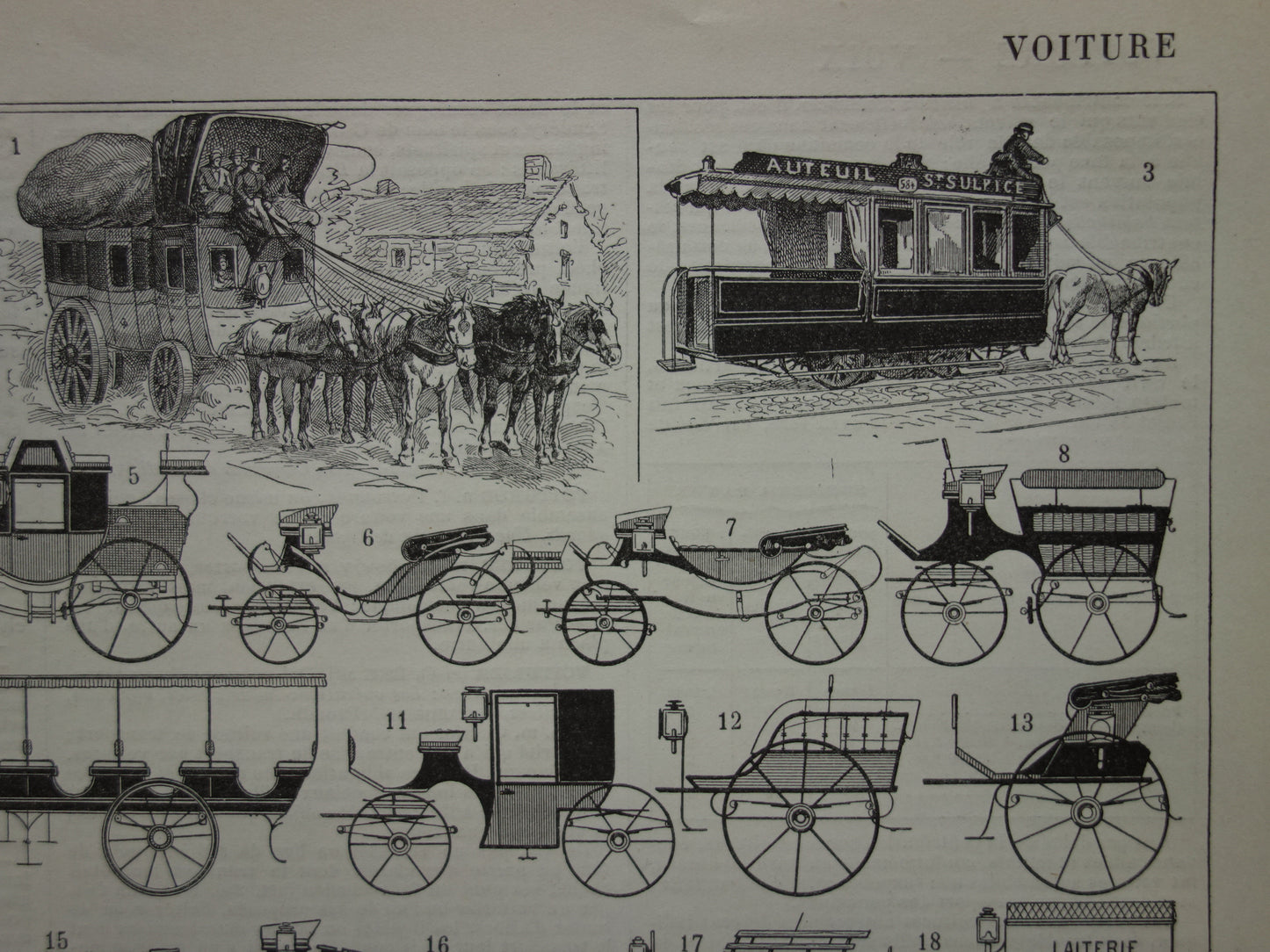 Antique French print of old car taxi carriage stagecoach tram - vintage illustration