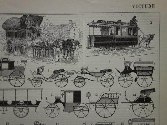 Antieke Franse prent van oude auto taxi koets diligence tram - vintage illustratie