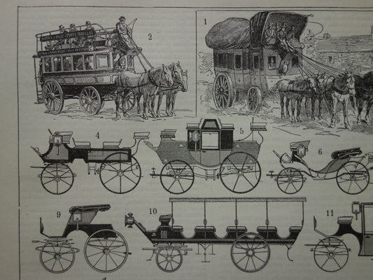 Antieke Franse prent van oude auto taxi koets diligence tram - vintage illustratie