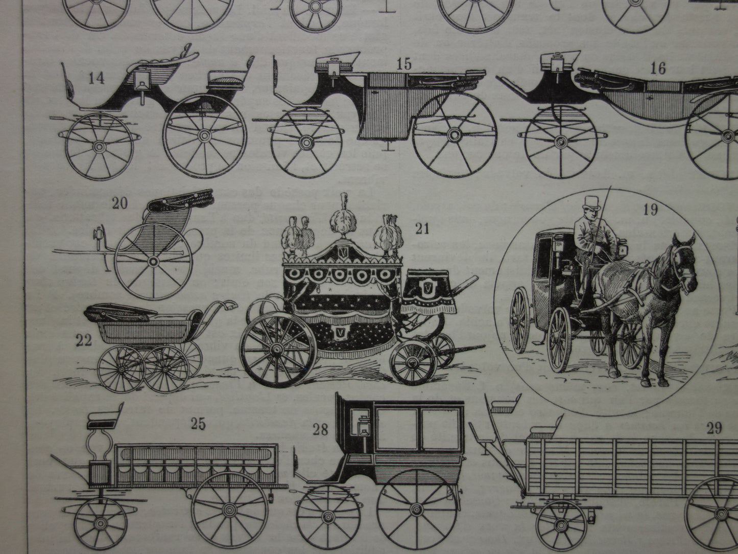 Antique French print of old car taxi carriage stagecoach tram - vintage illustration