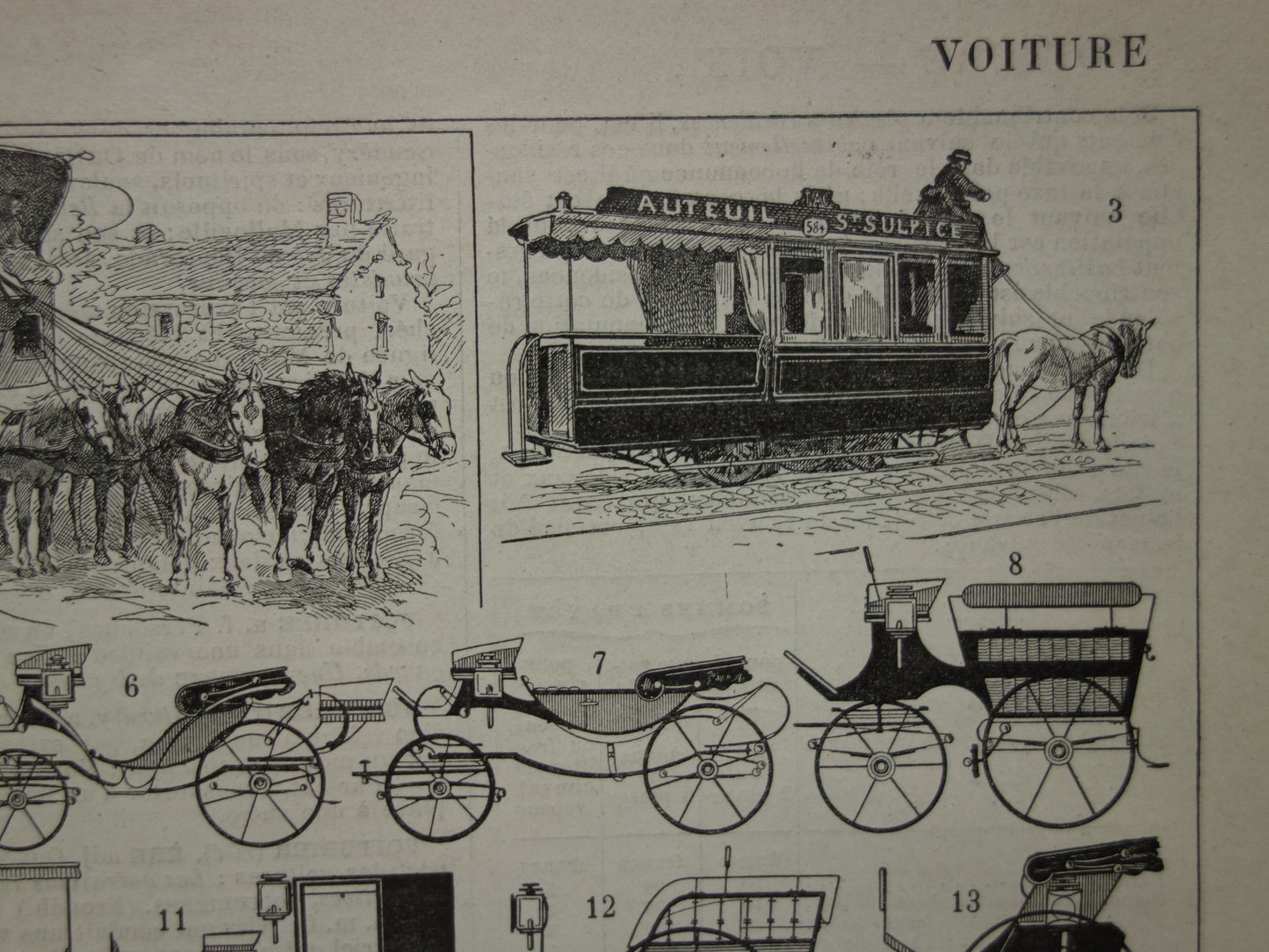 Antieke Franse prent van oude auto taxi koets diligence tram - vintage illustratie