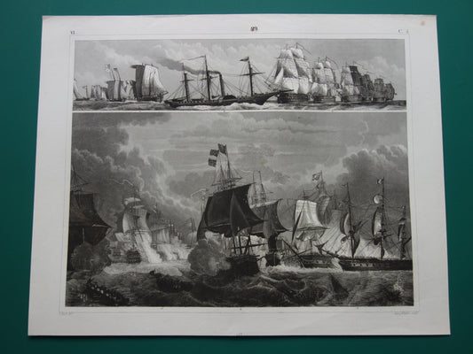 Oude prent van zeeslag met zeilschepen originele antieke print driemaster maritieme vintage prints marine vloot