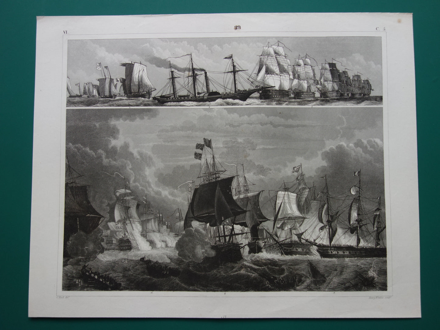 Oude prent van zeeslag met zeilschepen originele antieke print driemaster maritieme vintage prints marine vloot