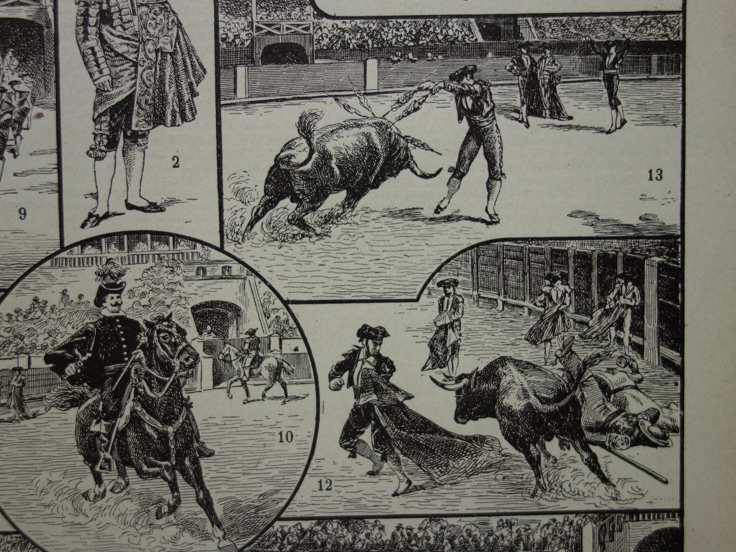 Stierenvechten antieke prent Oude illustratie toreador stierengevecht Vintage Franse print prenten