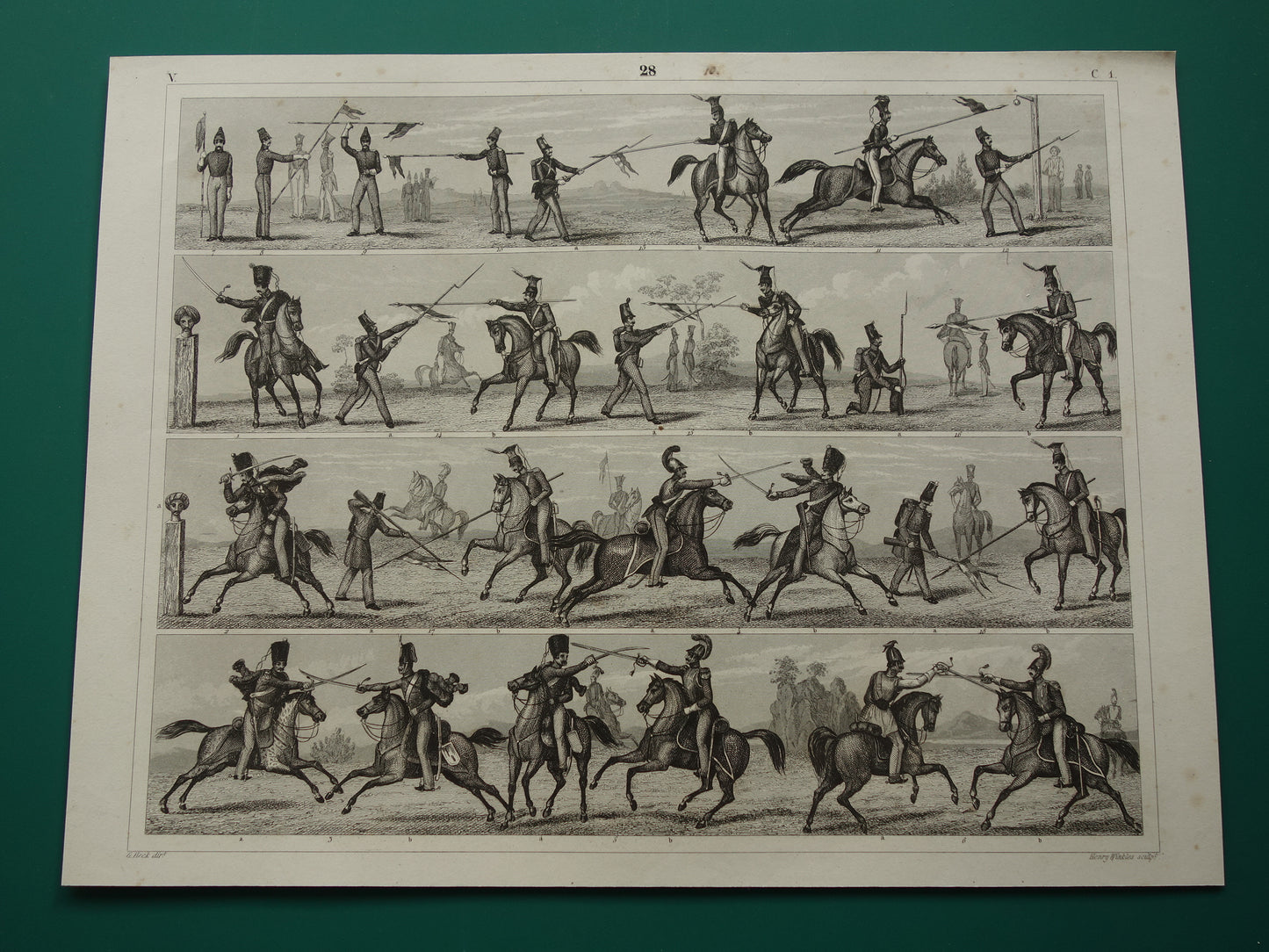 170+ jaar oude prent over infanterie en cavalerie - originele antieke militaire illustratie - leger gevechtstechniek poster print