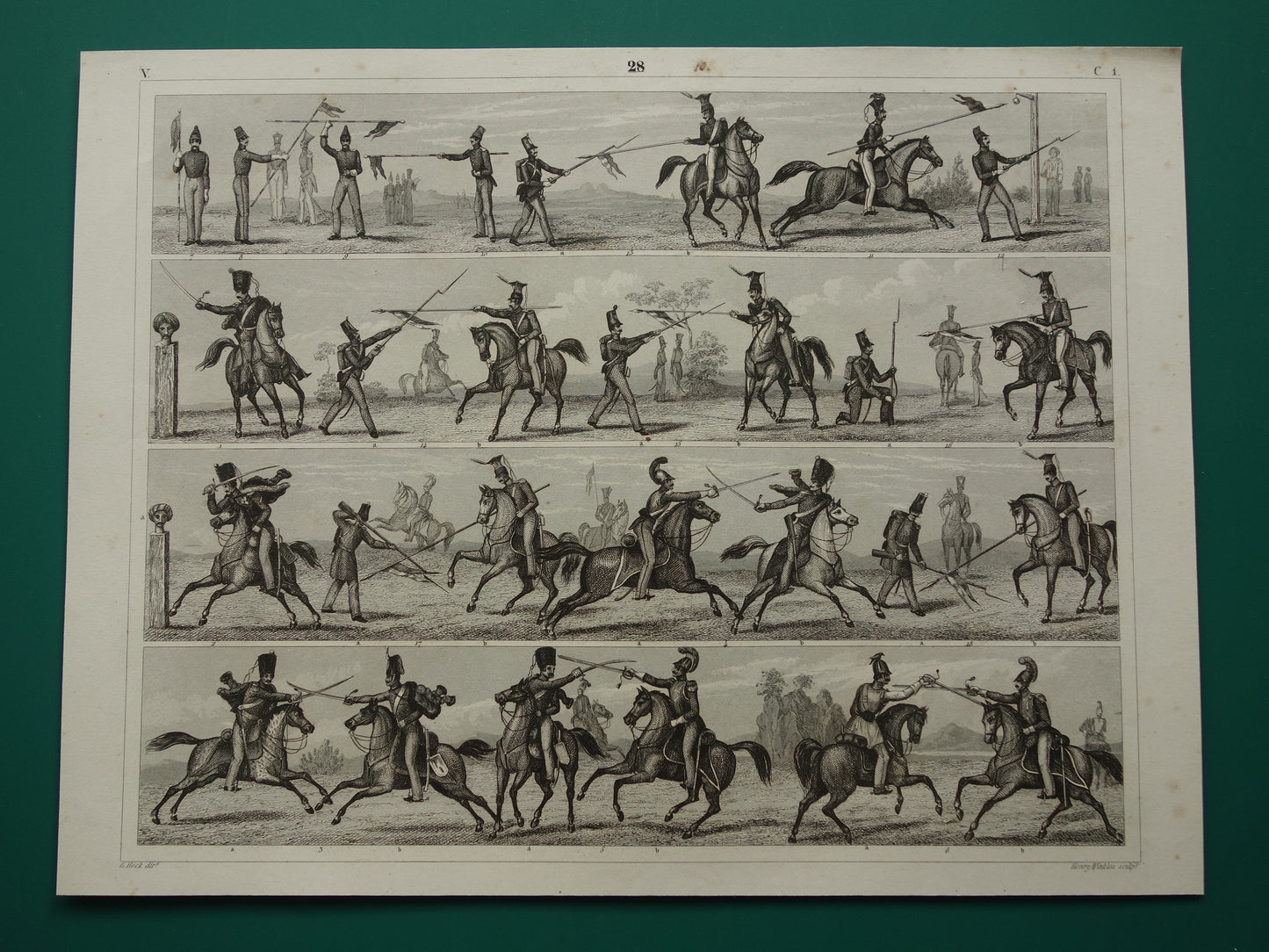 170+ jaar oude prent over infanterie en cavalerie - originele antieke militaire illustratie - leger gevechtstechniek poster print