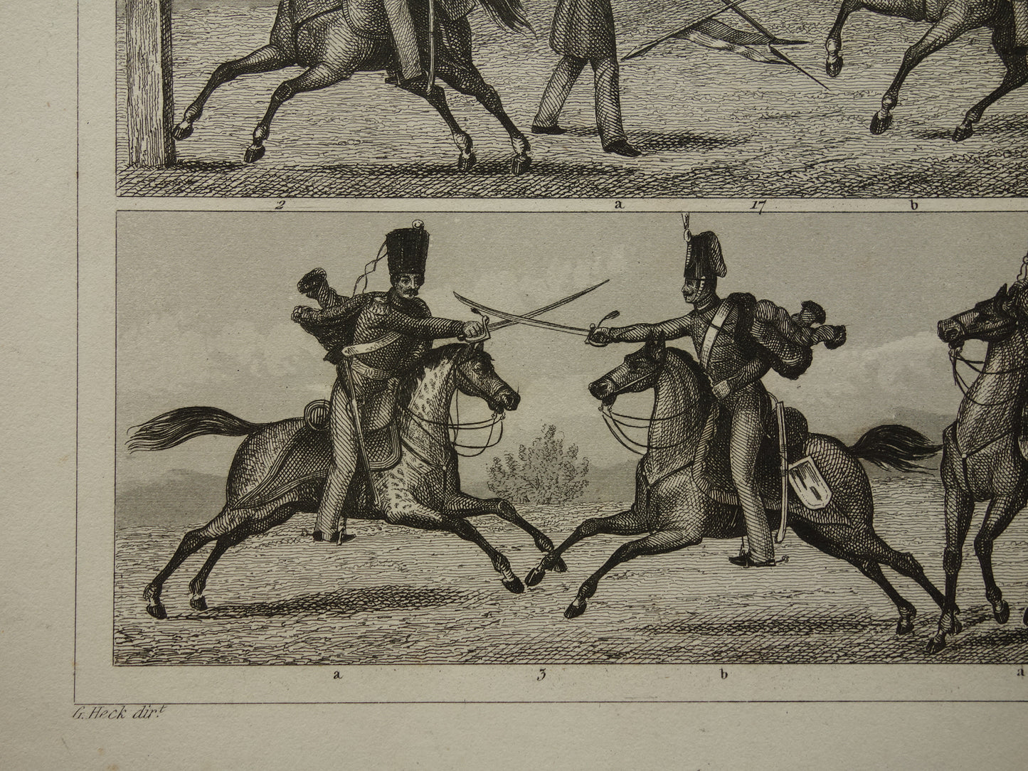 170+ jaar oude prent over infanterie en cavalerie - originele antieke militaire illustratie - leger gevechtstechniek poster print