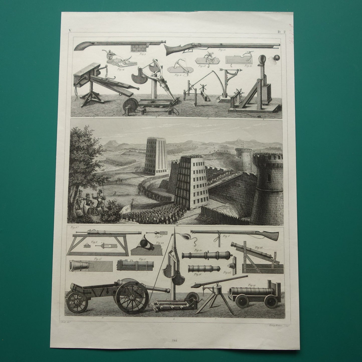 Wapens uit de Middeleeuwen oude prent over historische wapens - originele antieke militaire illustratie Stormtoren Wandeltoren - leger print