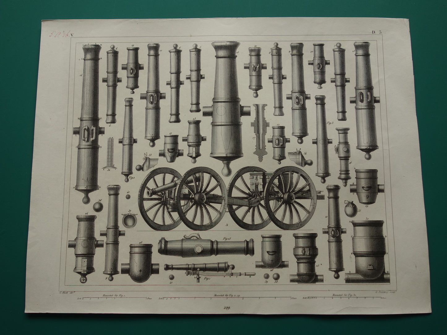 ARTILLERIE 170+ jaar oude prent over kanonnen howitsers - originele antieke militaire illustratie - leger print