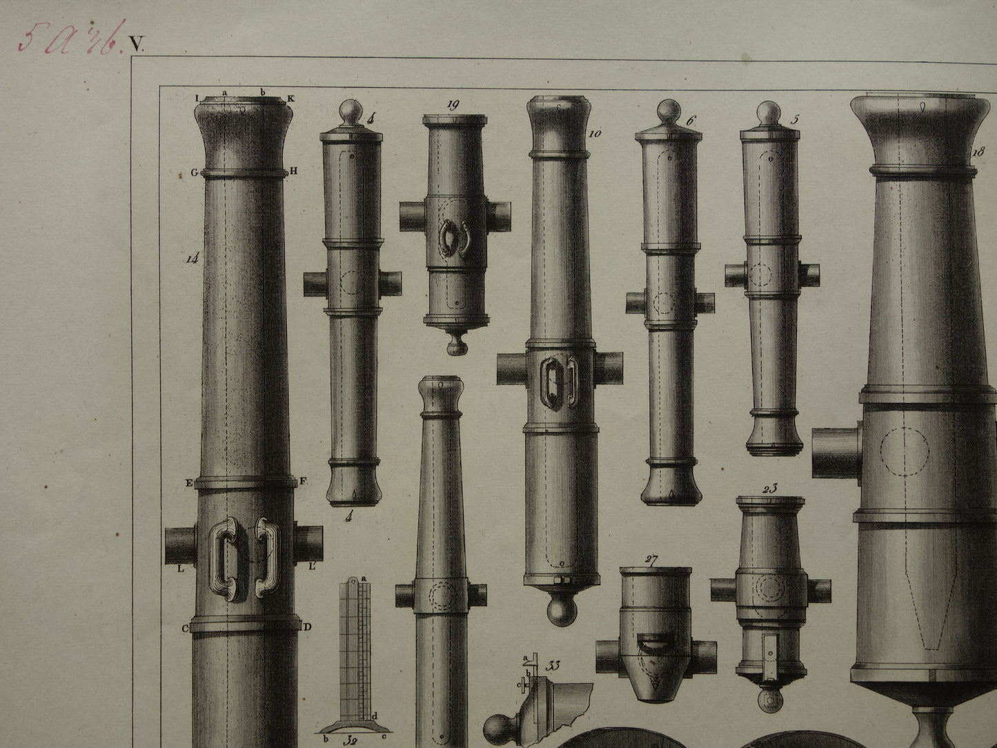 ARTILLERIE 170+ jaar oude prent over kanonnen howitsers - originele antieke militaire illustratie - leger print