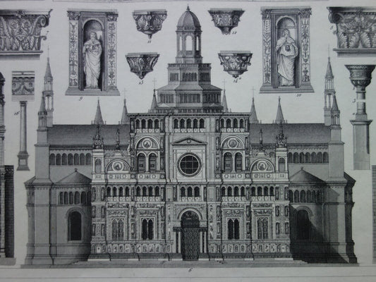 Oude architectuur print van Certosa di Pavia Kerk architectuur Originele antieke gravure uit 1849