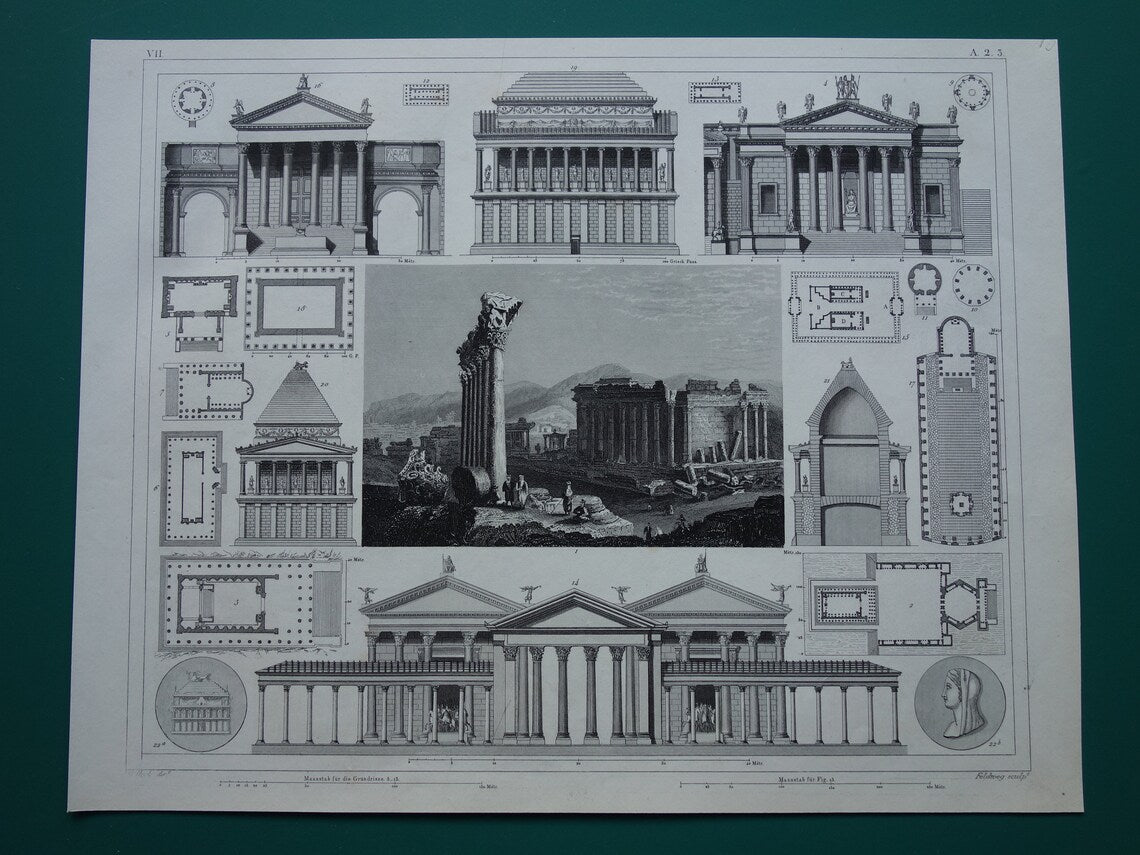 Roman Architecture Print original 175+ year old engraving classical architecture Baalbek Concordia Temple Rome