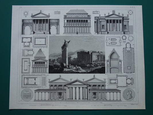 Roman Architecture Print original 175+ year old engraving classical architecture Baalbek Concordia Temple Rome