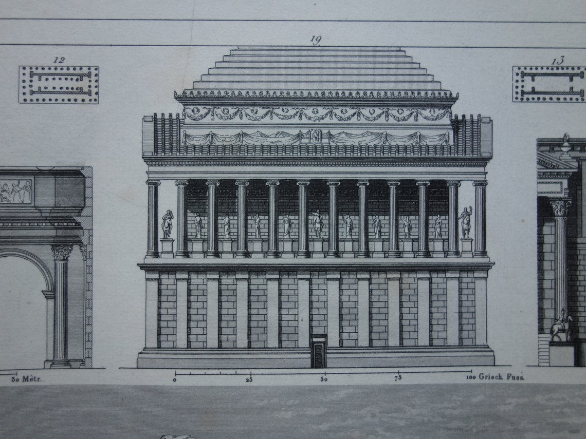 Roman Architecture Print original 175+ year old engraving classical architecture Baalbek Concordia Temple Rome