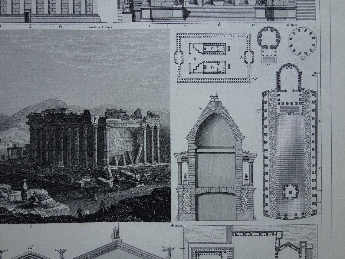 Roman Architecture Print original 175+ year old engraving classical architecture Baalbek Concordia Temple Rome