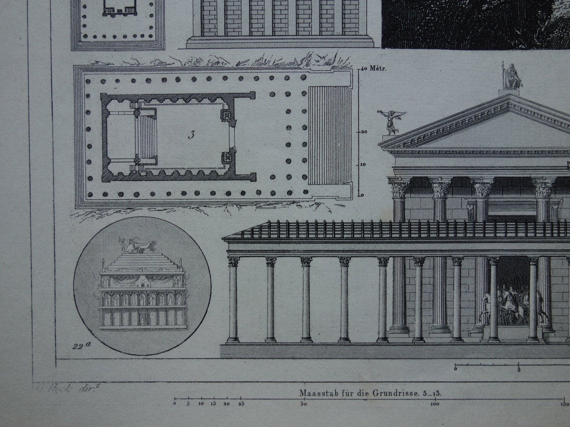 Roman Architecture Print original 175+ year old engraving classical architecture Baalbek Concordia Temple Rome