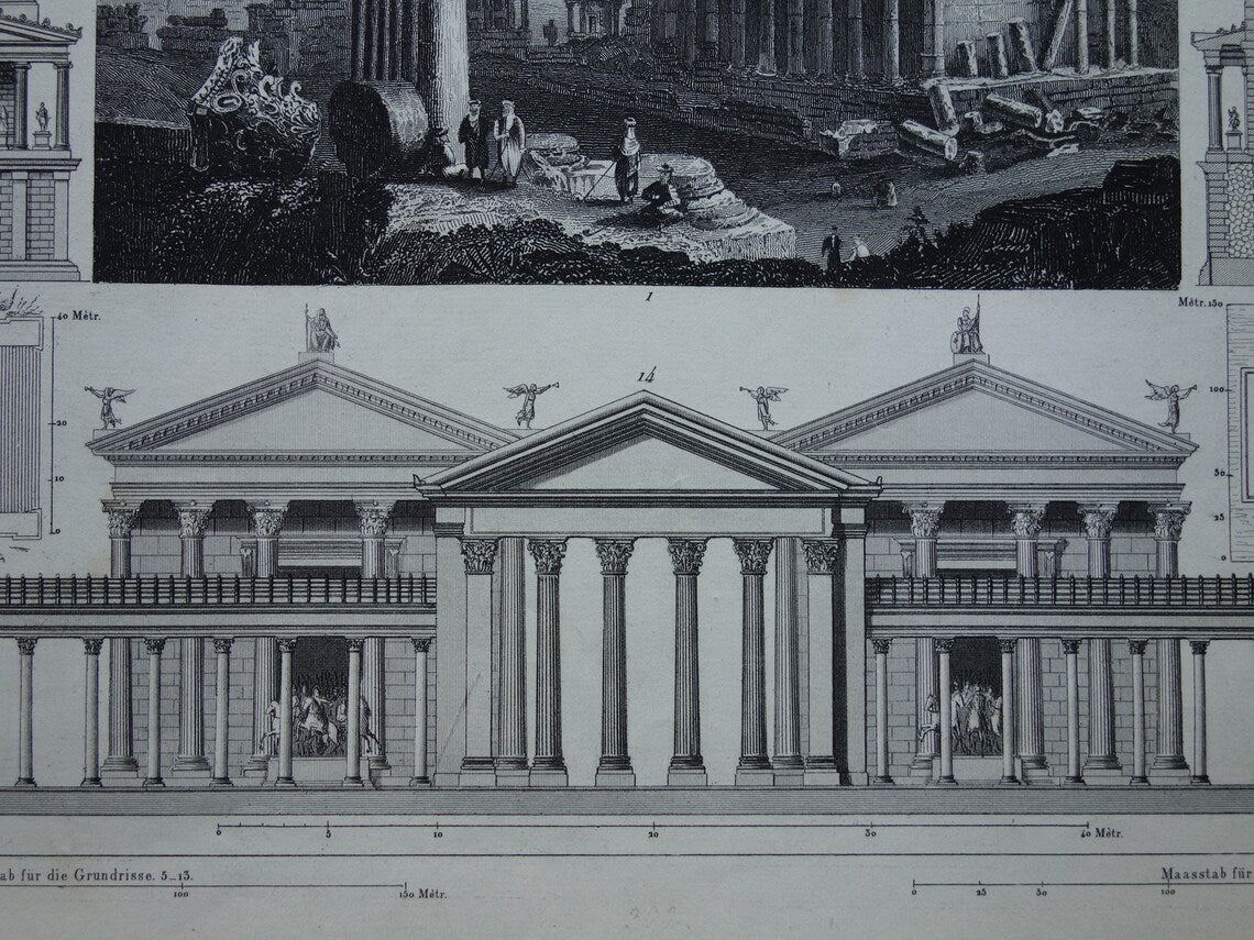Roman Architecture Print original 175+ year old engraving classical architecture Baalbek Concordia Temple Rome