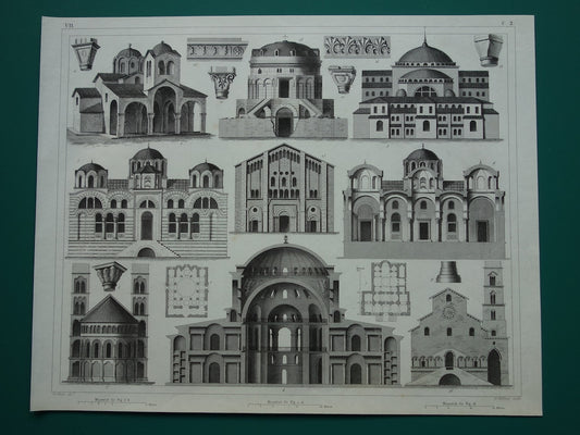 Byzantijnse architectuur antieke prent 175+ jaar oude illustratie van de Haga Sofia Panagia Kapnikarea kerk in Athene originele vintage gravure
