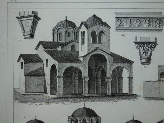 Byzantijnse architectuur antieke prent 175+ jaar oude illustratie van de Haga Sofia Panagia Kapnikarea kerk in Athene originele vintage gravure
