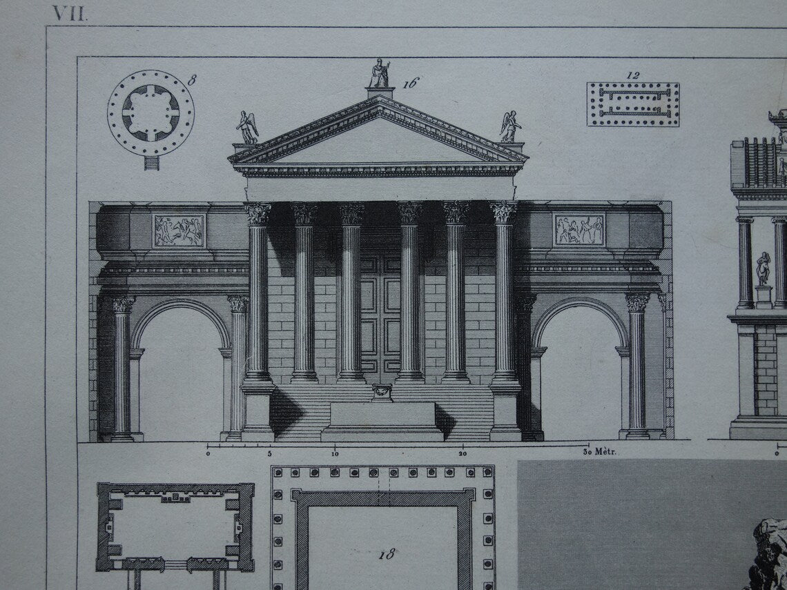 Roman Architecture Print original 175+ year old engraving classical architecture Baalbek Concordia Temple Rome
