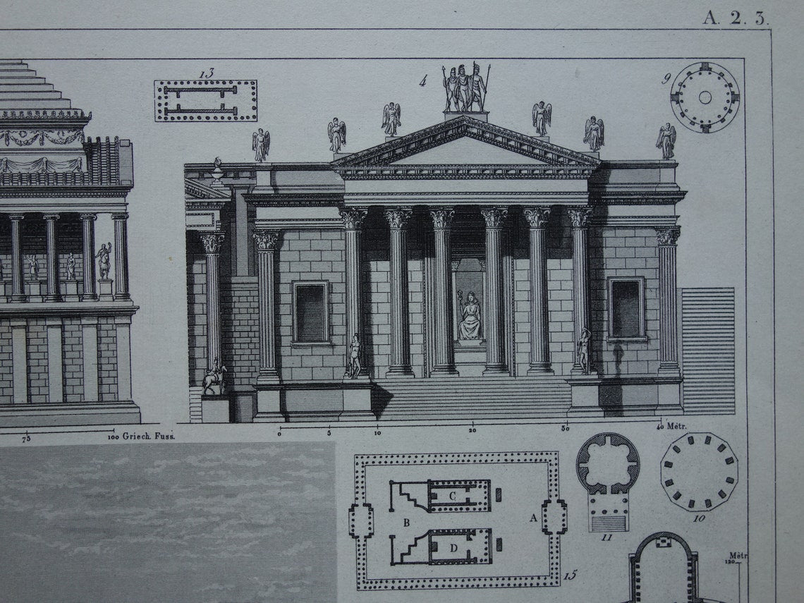 Roman Architecture Print original 175+ year old engraving classical architecture Baalbek Concordia Temple Rome