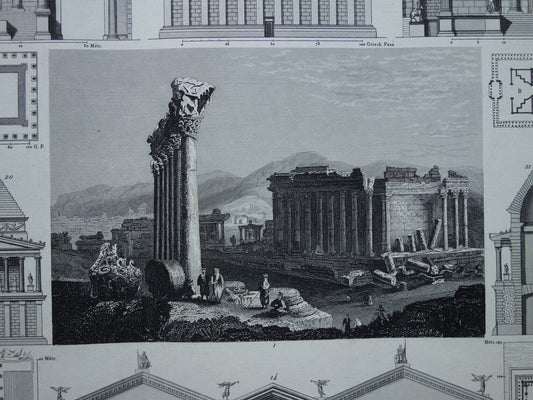 Roman Architecture Print original 175+ year old engraving classical architecture Baalbek Concordia Temple Rome