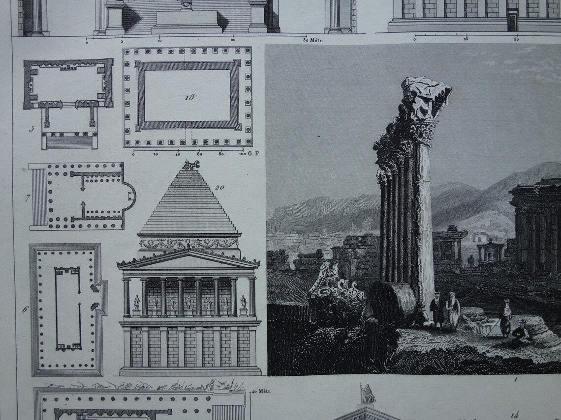 Roman Architecture Print original 175+ year old engraving classical architecture Baalbek Concordia Temple Rome