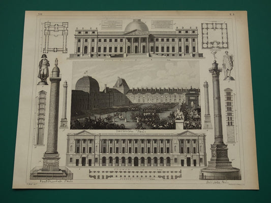 Parijs Architectuur oude prent 1849 antieke afbeeldingen van de Tuileries Palais du Luxembourg geschiedenis prenten 9x11" vintage illustratie Colonne Vendôme