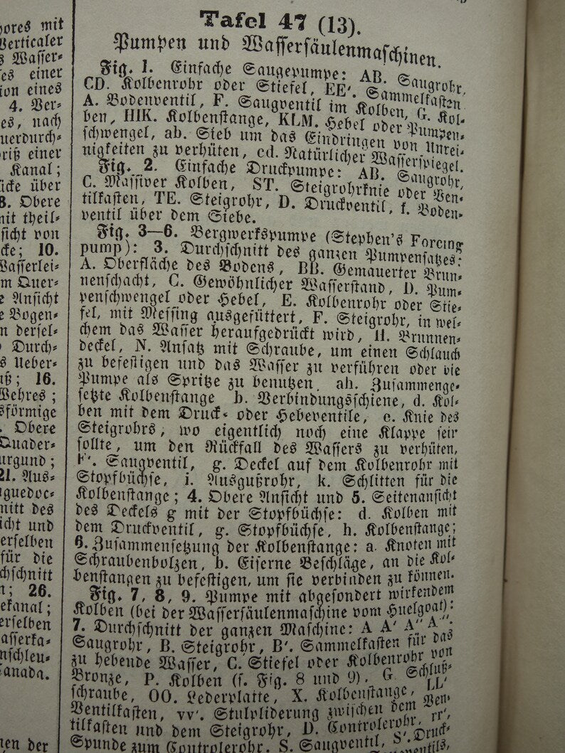 Oude technologie print van pomp- en waterpompen Originele antieke illustratie uit 1851 Pompen Machines Machine vintage wetenschap prent