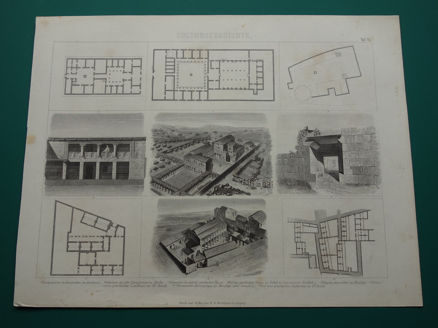 Oude architectuur prent over Griekse huizen in de oudheid 1870 originele antieke geschiedenis illustratie Griekenland woonhuis prints