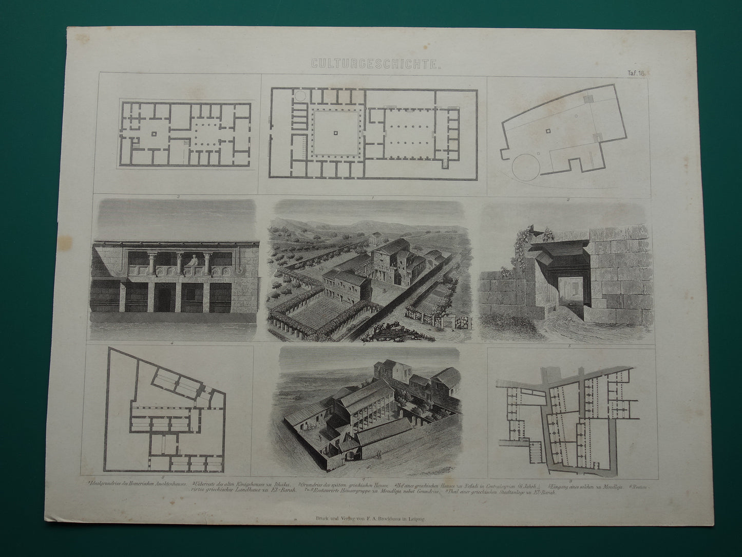 Oude architectuur prent over Griekse huizen in de oudheid 1870 originele antieke geschiedenis illustratie Griekenland woonhuis prints