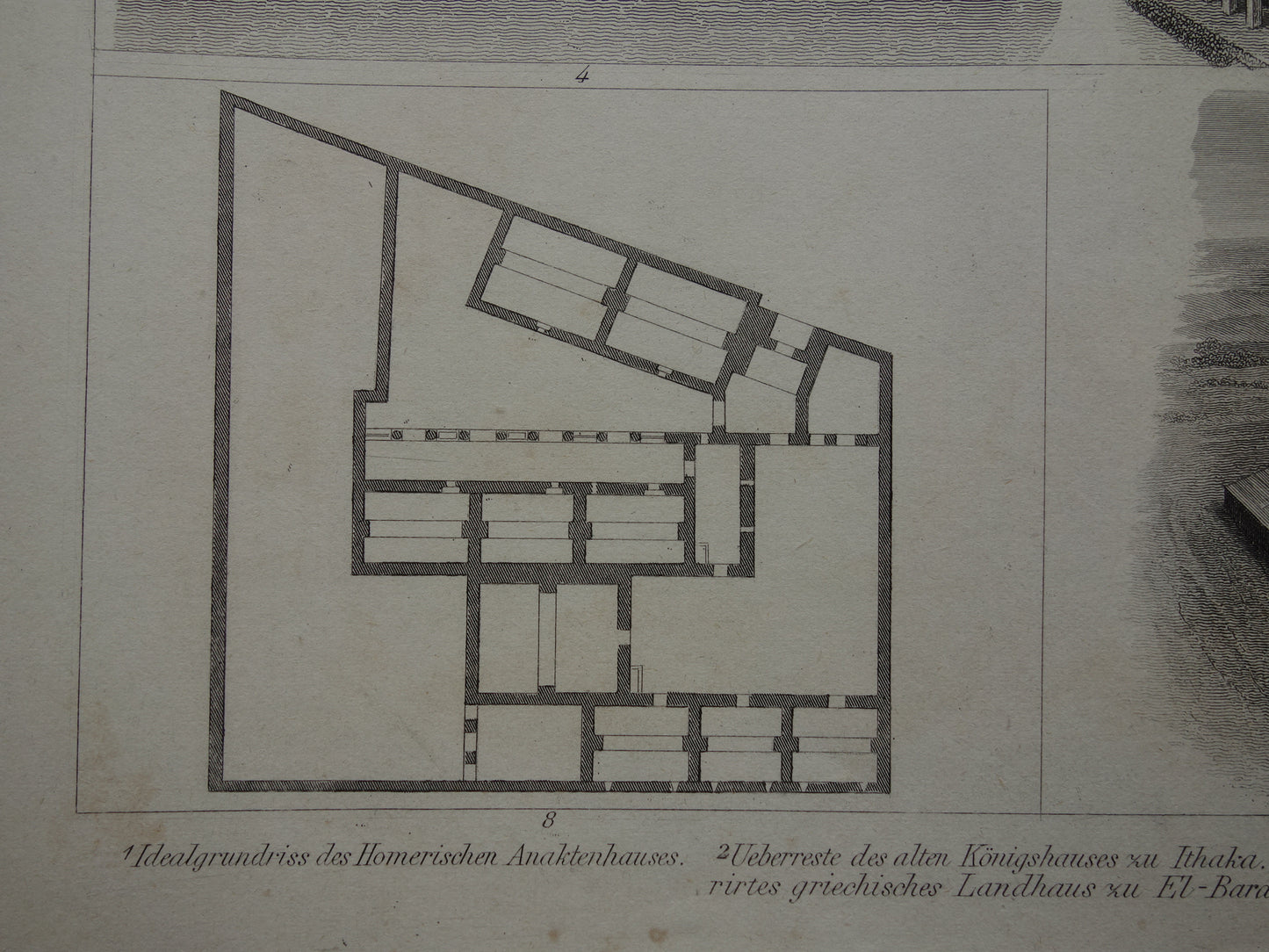 Oude architectuur prent over Griekse huizen in de oudheid 1870 originele antieke geschiedenis illustratie Griekenland woonhuis prints