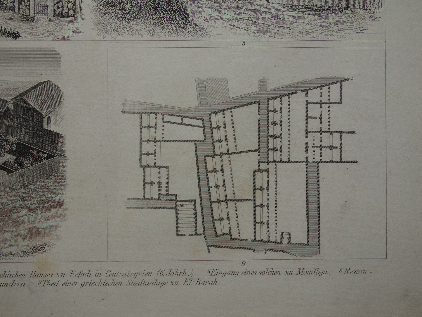 Oude architectuur prent over Griekse huizen in de oudheid 1870 originele antieke geschiedenis illustratie Griekenland woonhuis prints