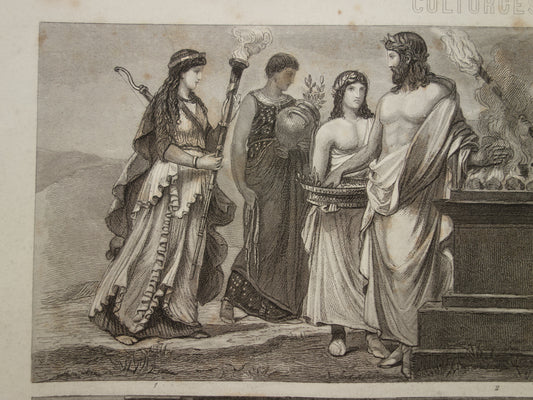 Grieken in de klassieke oudheid 150+ jaar oude prent Grieks dagelijks leven Priesteres Muziek Toneel illustratie vintage print Griekse beschaving