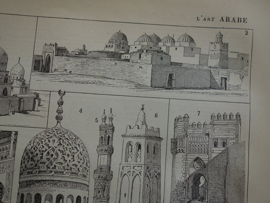 Islamitische kunst oude prent over architectuur en design Originele antieke illustratie Moskee Cordoba Alhambra Moorse Vintage Prints