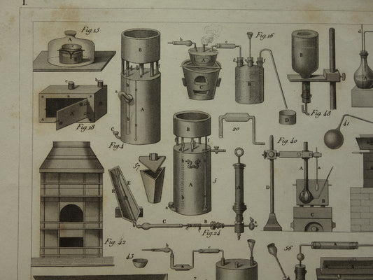 Über 170 Jahre alter Druck von Glaswaren und Öfen für wissenschaftliche Experimente, Reagenzgläser, antiker Wissenschaftsdruck über Chemielabor, Laborplakatdruck