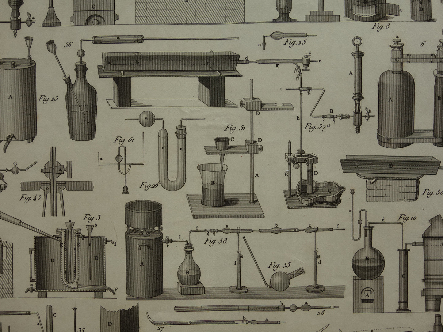170+ jaar oude prent van glaswerk en ovens voor wetenschappelijke experimenten reageerbuizen antieke wetenschap print over chemie lab laboratorium poster print