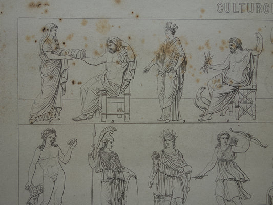Romeinse en Griekse Goden Oude Prent uit 1870 Originele antieke illustratie Goden uit de Klassieke Oudheid Vintage print